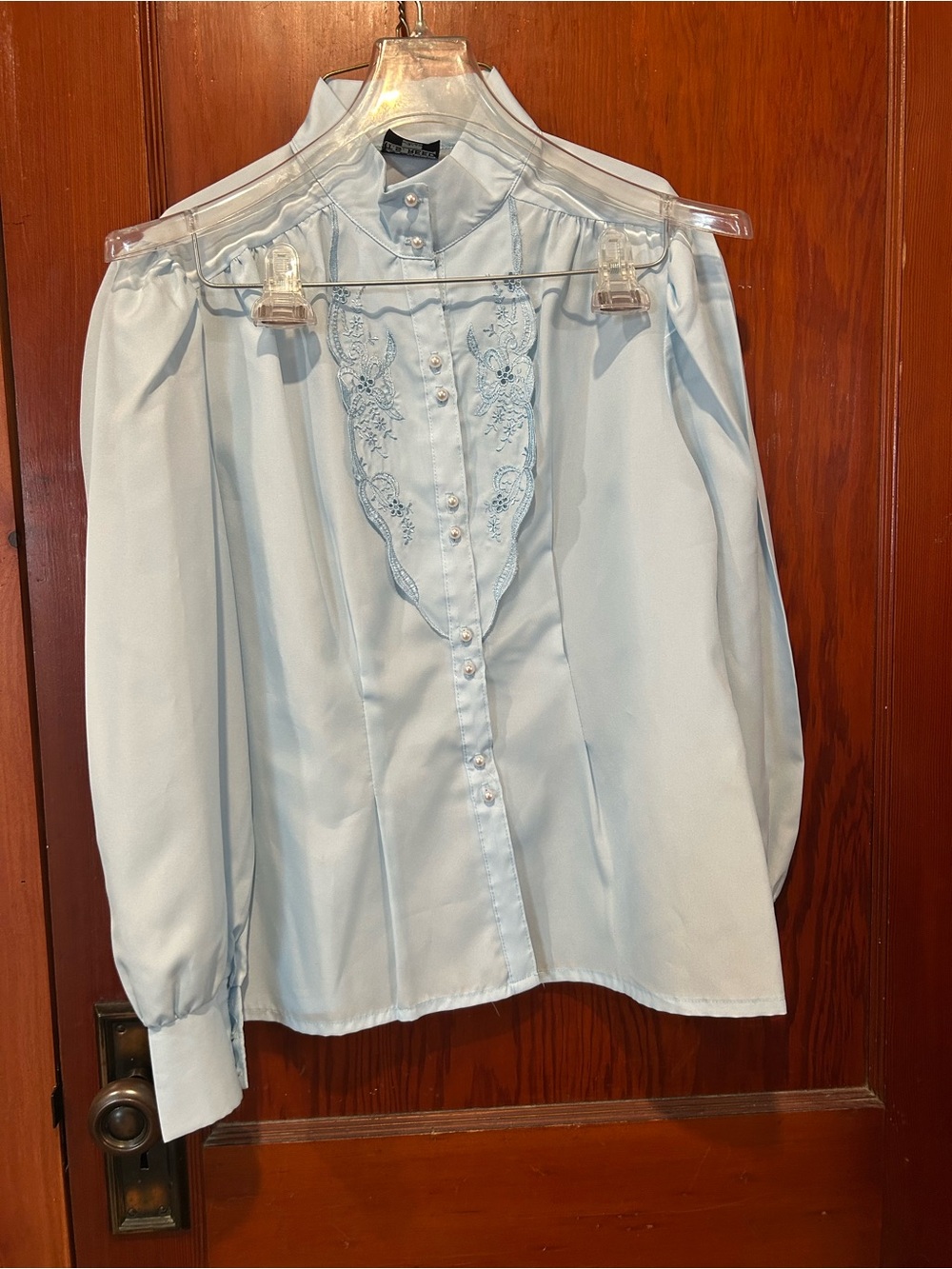 Vintage light blue collared button down blue eyelet details with white pearl